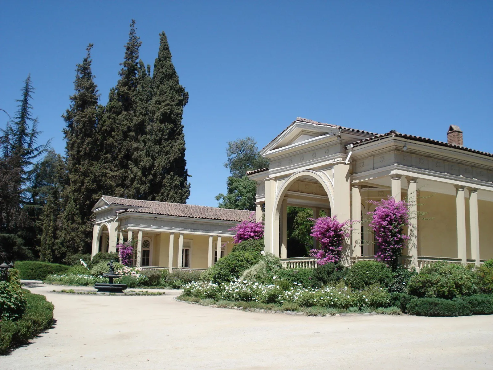 Pale yellow house with arched portico and pink bougainvillea under cypress trees