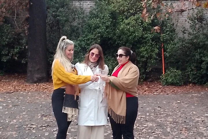Three friends clinking wine glasses in a leafy autumn garden