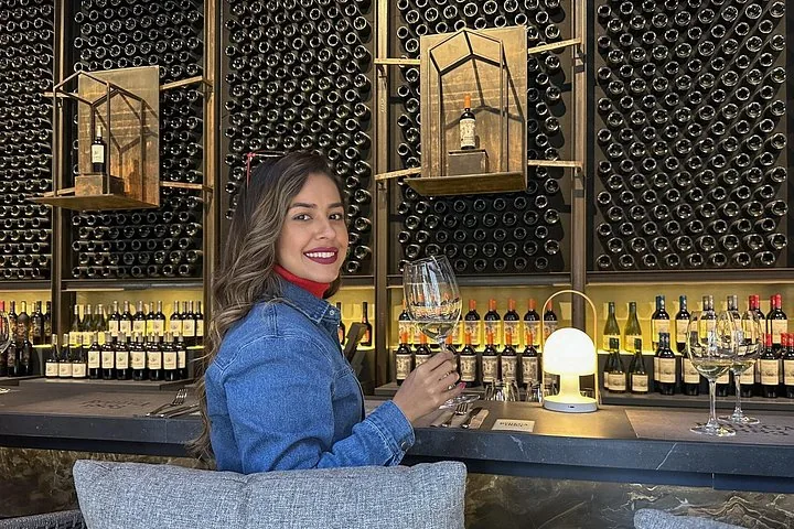 Visitor holding a wine glass at a bar backed by walls of bottles
