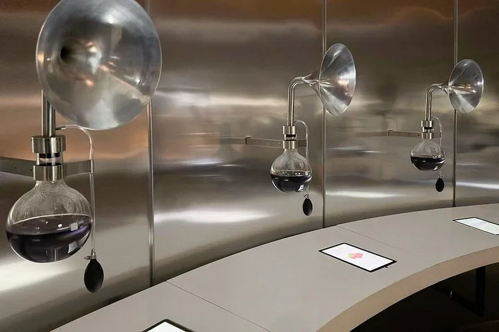 Sensory exhibit with glass aroma flasks and funnels on a steel wall