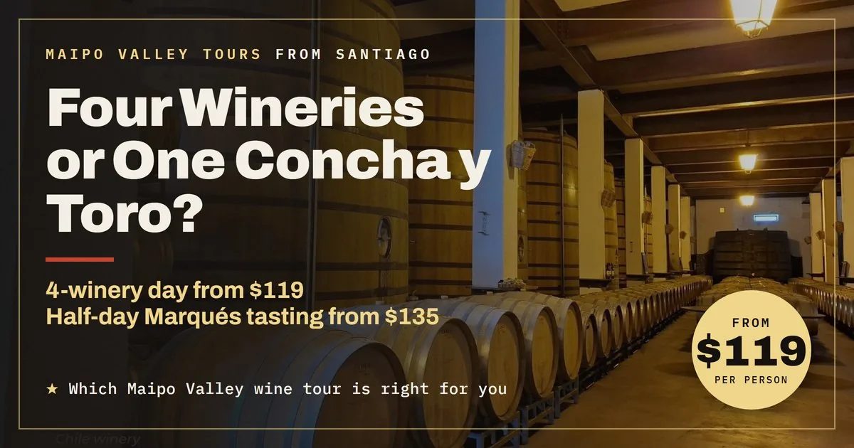 Comparison card: a four-winery Maipo Valley day from $119 versus a half-day Concha y Toro tasting from $135